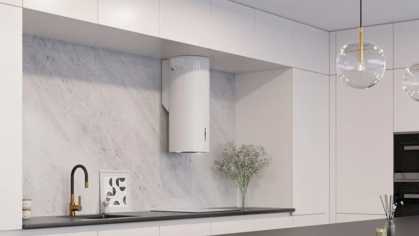 Backer NONA ELB W8035 Wall-Mounted Decorative Kitchen Hood, Cylindrical, 35cm, 830 m³/h, 4 Speeds, LED, Remote Control, White
