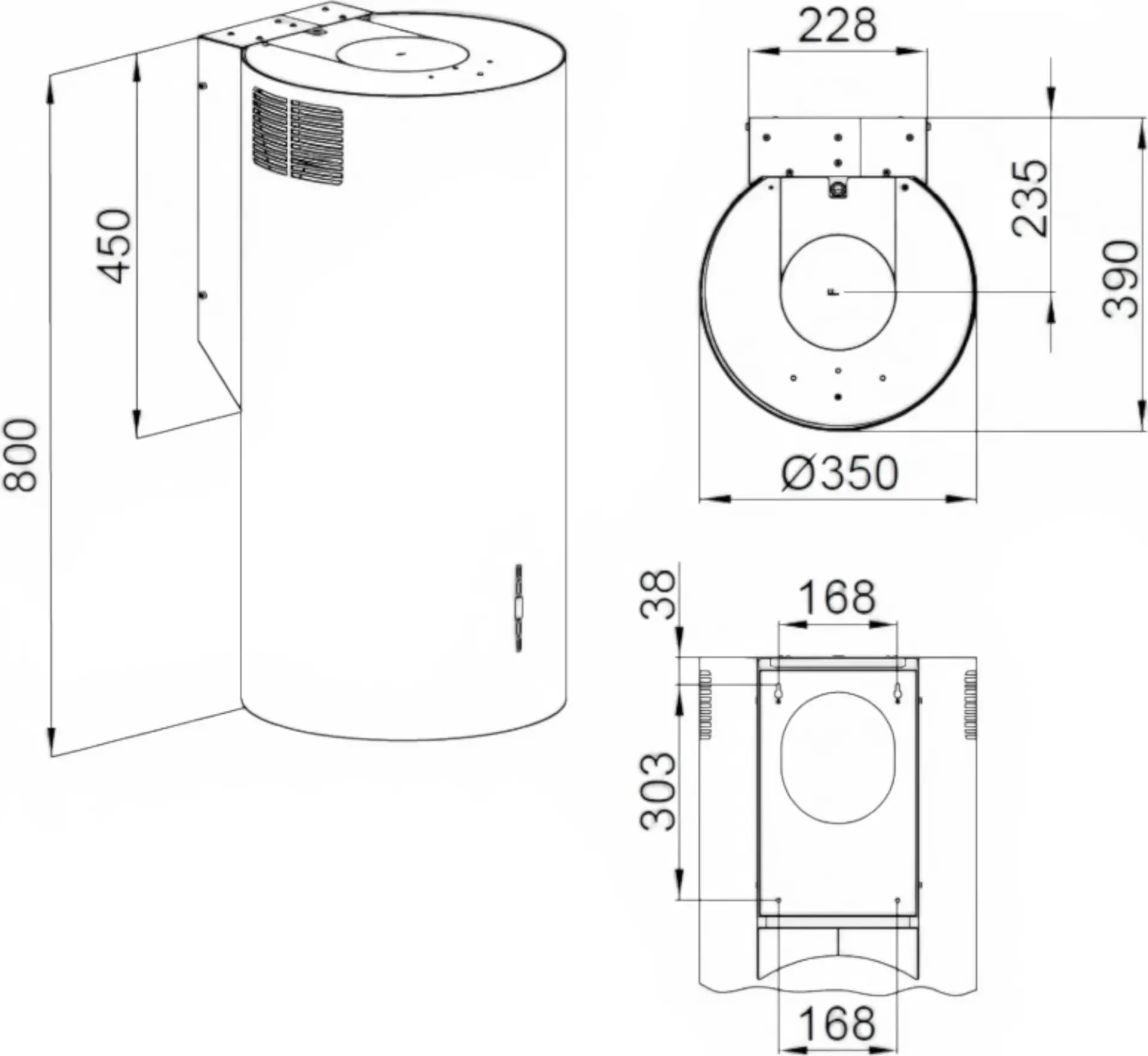 Backer NONA ELB W8035 Wall-Mounted Decorative Kitchen Hood, Cylindrical, 35cm, 830 m³/h, 4 Speeds, LED, Remote Control, White