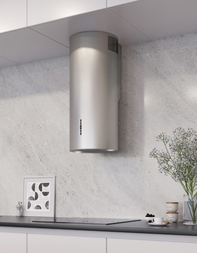 Backer NONA ELB W8035 SATIN Cylindrical Wall-Mounted Kitchen Hood, 35cm, 830 m³/h, 4 Speeds, LED Lighting, Remote Control, Stainless Steel
