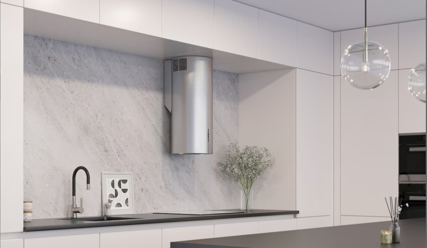 Backer NONA ELB W8035 SATIN Cylindrical Wall-Mounted Kitchen Hood, 35cm, 830 m³/h, 4 Speeds, LED Lighting, Remote Control, Stainless Steel