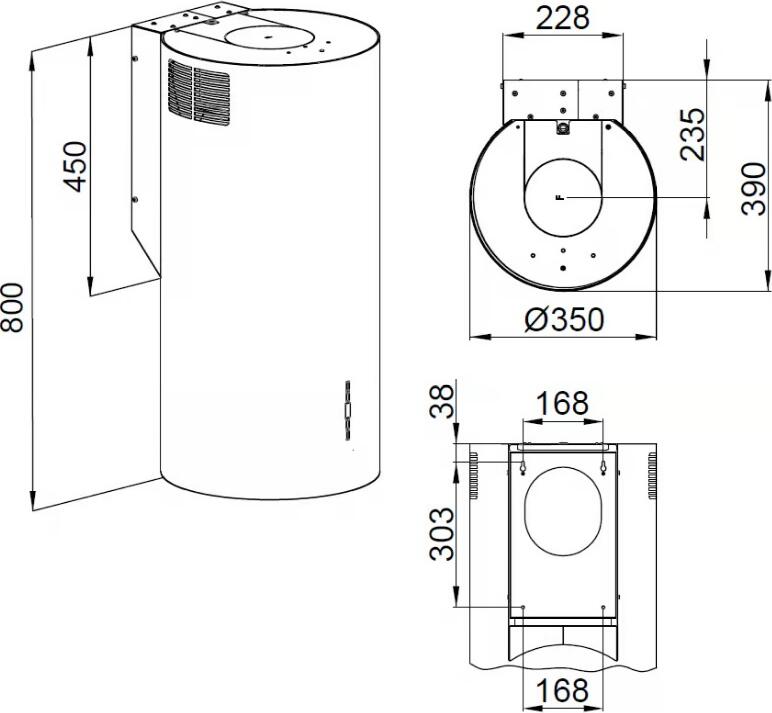 Backer NONA ELB W8035 SATIN Cylindrical Wall-Mounted Kitchen Hood, 35cm, 830 m³/h, 4 Speeds, LED Lighting, Remote Control, Stainless Steel
