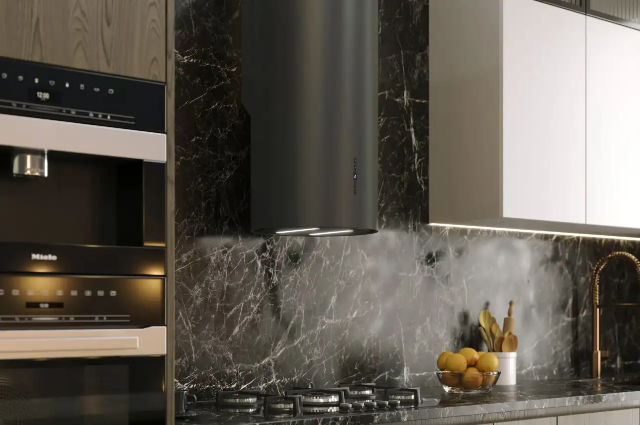 Backer NONA MLW W8039 Wall-Mounted Decorative Kitchen Hood, 39cm Cylindrical Design, 1200 m³/h, 4 Speeds, Remote Control, LED, Black