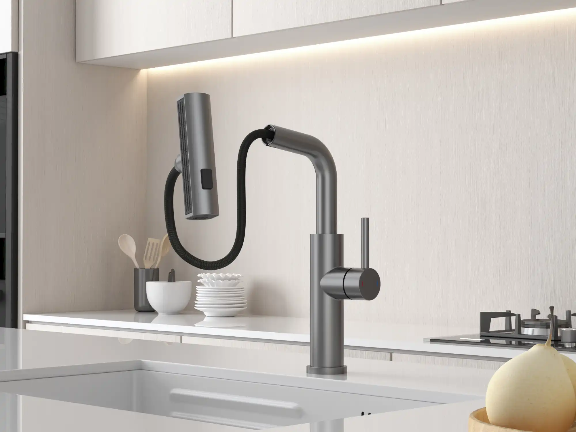 Backer RAF 3281 Kitchen Faucet, SS304 Stainless Steel, Pull-Out Spray with 3 Flow Modes, Single Lever, Gun Grey Finish