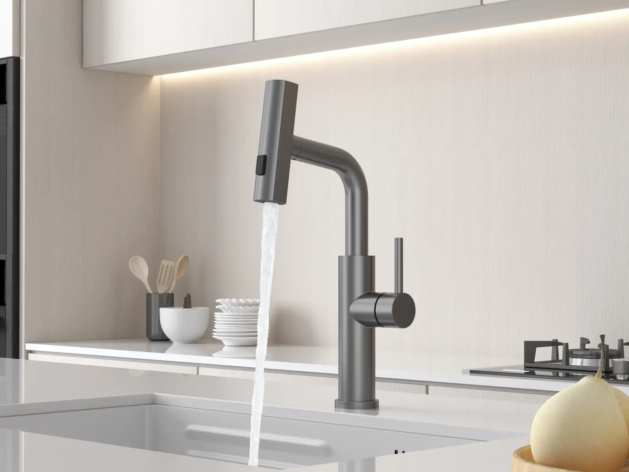 Backer RAF 3281 Kitchen Faucet, SS304 Stainless Steel, Pull-Out Spray with 3 Flow Modes, Single Lever, Gun Grey Finish