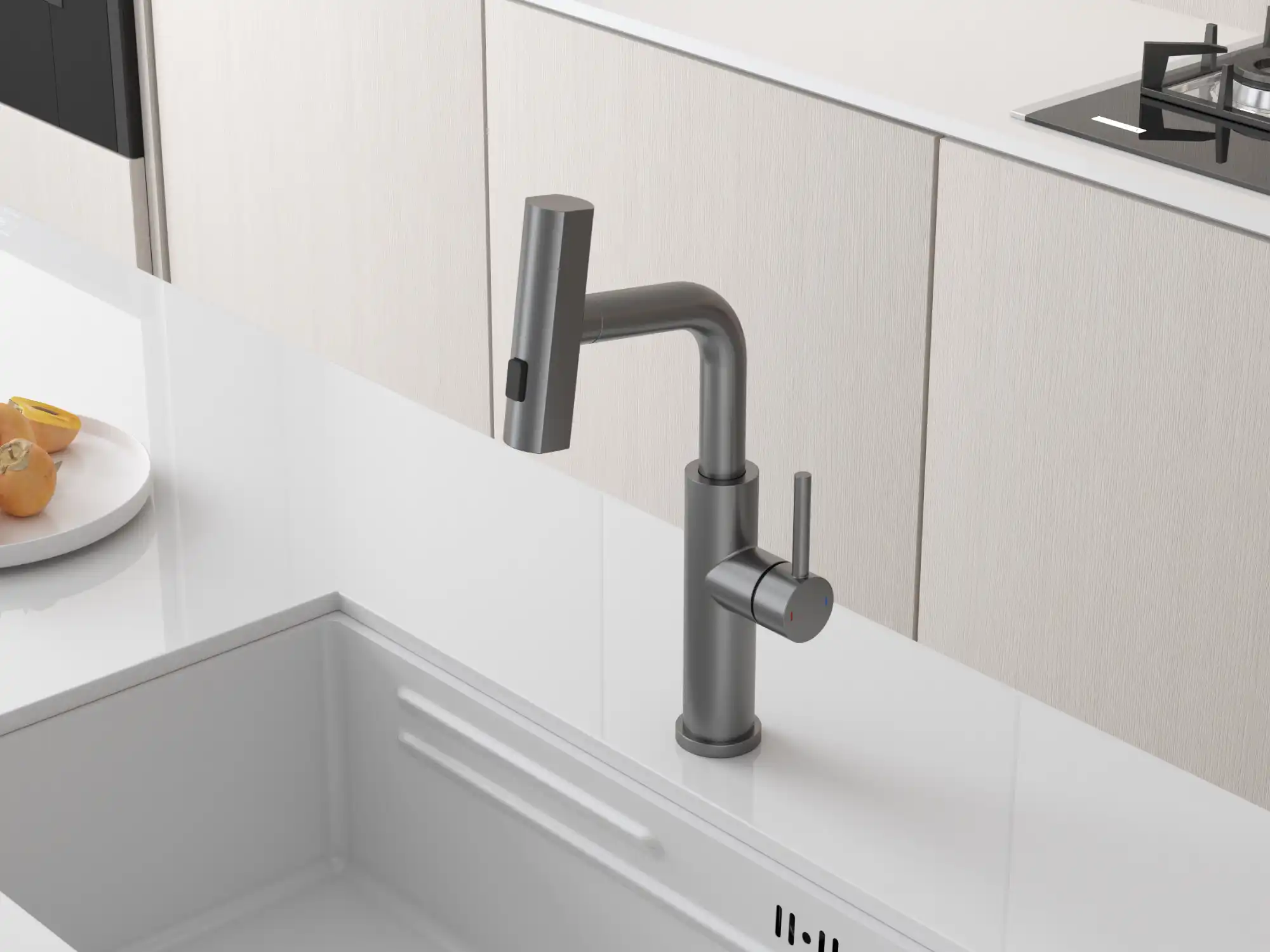 Backer RAF 3281 Kitchen Faucet, SS304 Stainless Steel, Pull-Out Spray with 3 Flow Modes, Single Lever, Gun Grey Finish