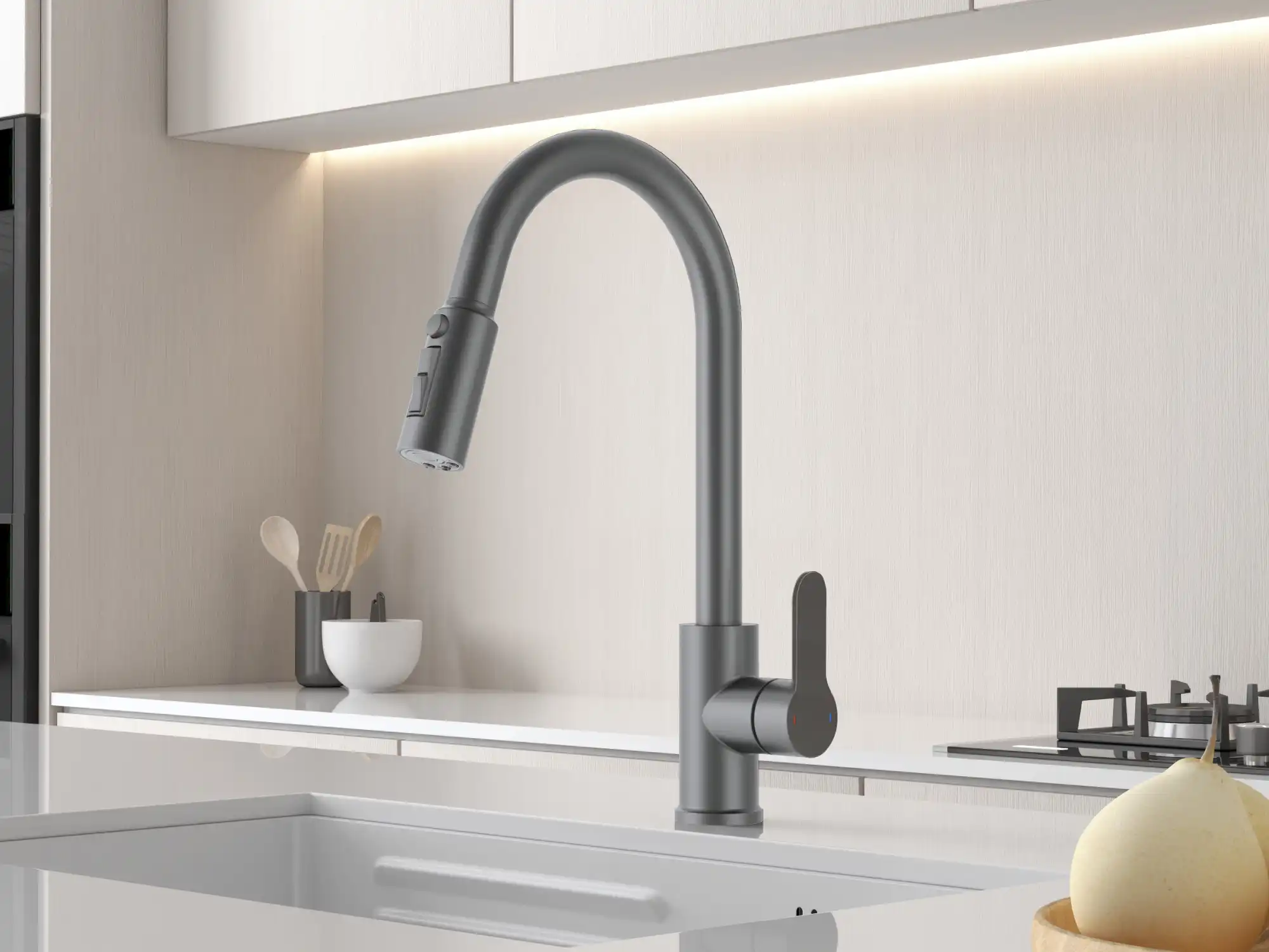 Backer HIX 3281 3-in-1 Kitchen Faucet with Filtered Water Channel, Pull-Out Spray, 2 Flow Modes, Gun Grey Metal Finish