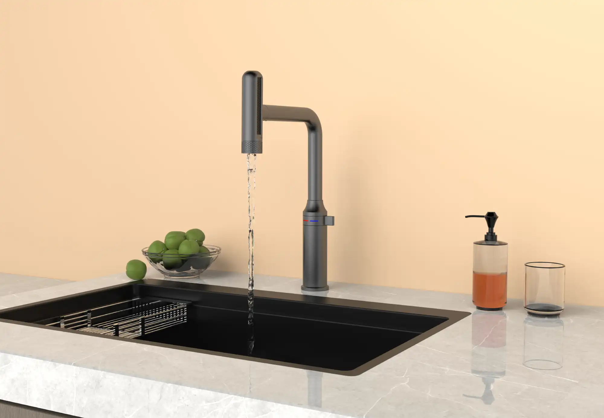 Backer ADA 3447 Kitchen Faucet, Gun Grey, Pull-Out Spray, 5 Water Flow Modes with Waterfall and Sweep, Metal Alloy, CE Certified