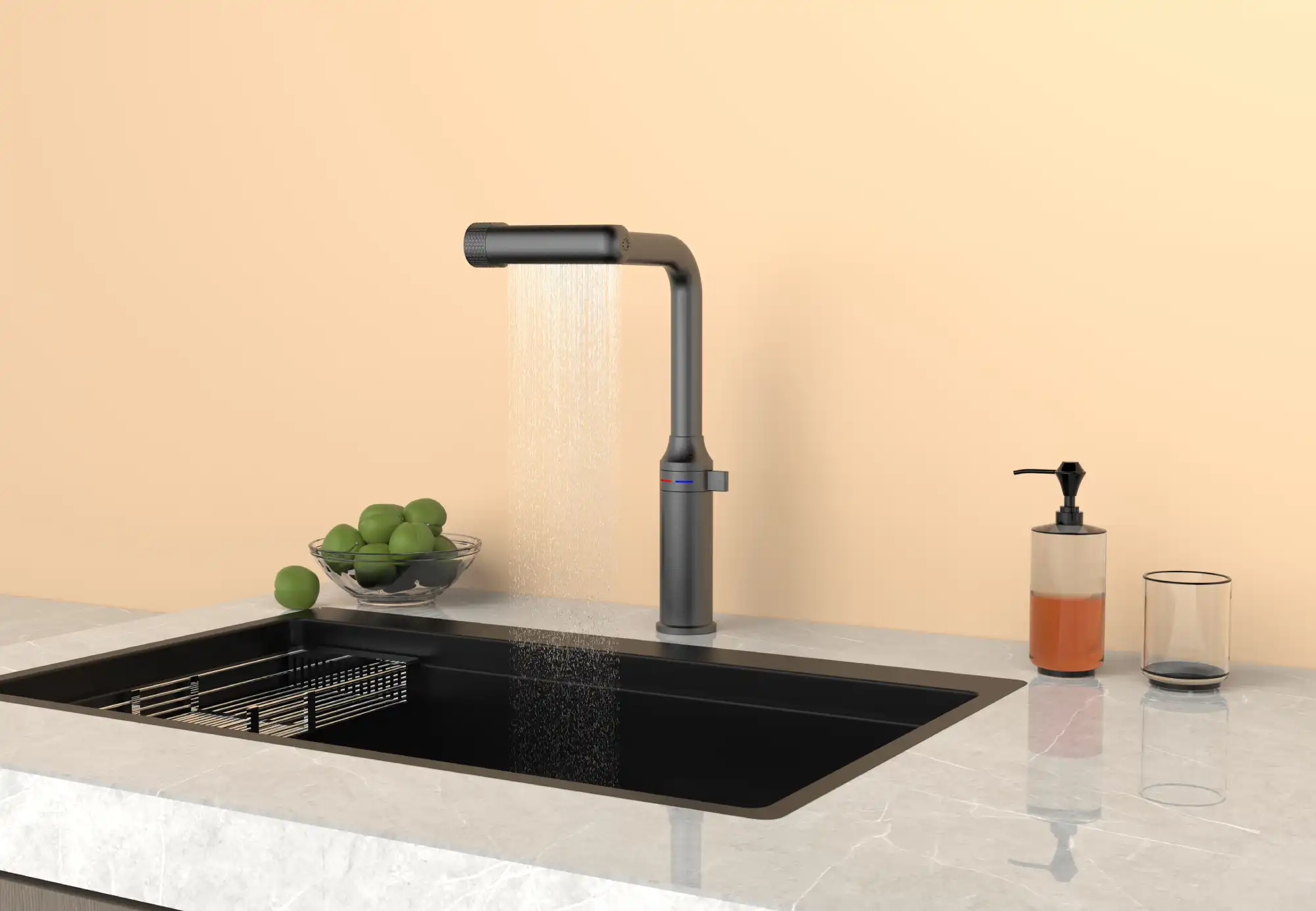 Backer ADA 3447 Kitchen Faucet, Gun Grey, Pull-Out Spray, 5 Water Flow Modes with Waterfall and Sweep, Metal Alloy, CE Certified
