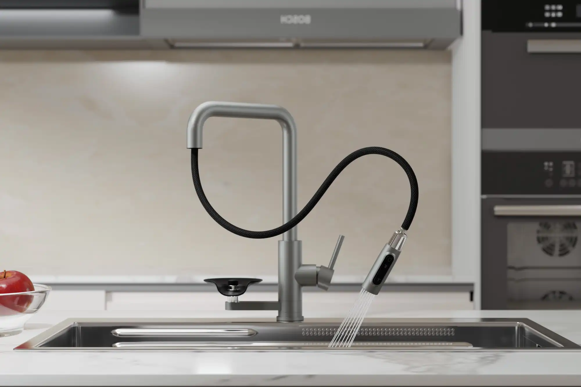 Backer KIT 3249PF 3-in-1 Kitchen Faucet, Satin Finish, Spring-Neck Pull-Down Spray, 3 Flow Modes, Separate Filtered Water Channel