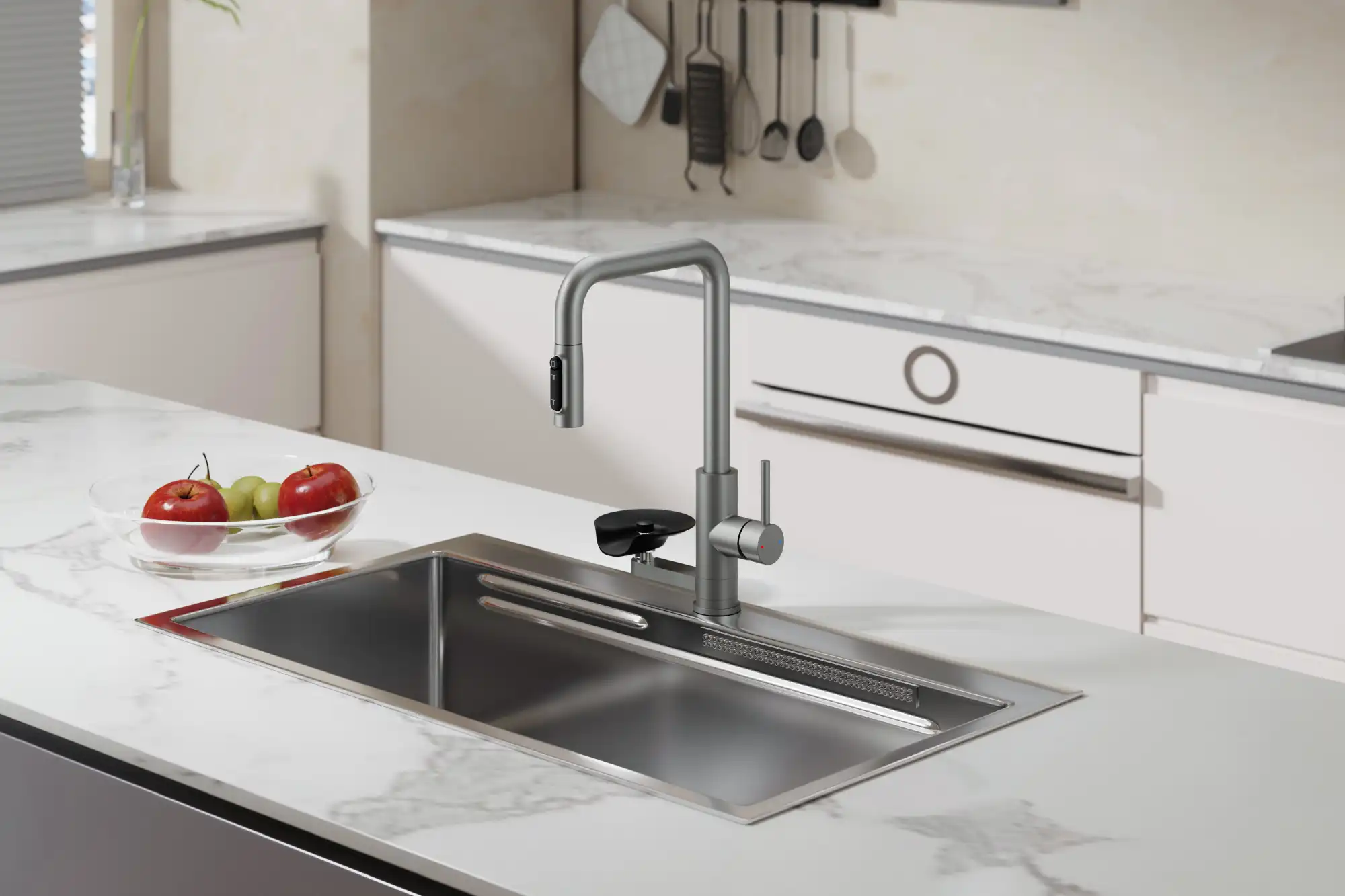 Backer KIT 3249PF 3-in-1 Kitchen Faucet, Satin Finish, Spring-Neck Pull-Down Spray, 3 Flow Modes, Separate Filtered Water Channel