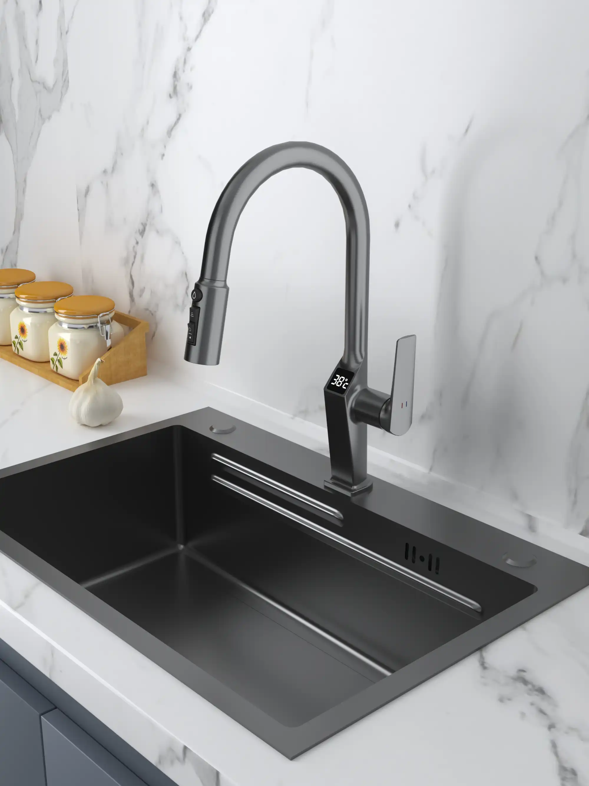 Backer TOR 3425PF Kitchen Faucet with Filtered Water Function, LED Temperature Display, Pull-Out Spray, 3 Flow Modes, Zinc Alloy, Gun Grey