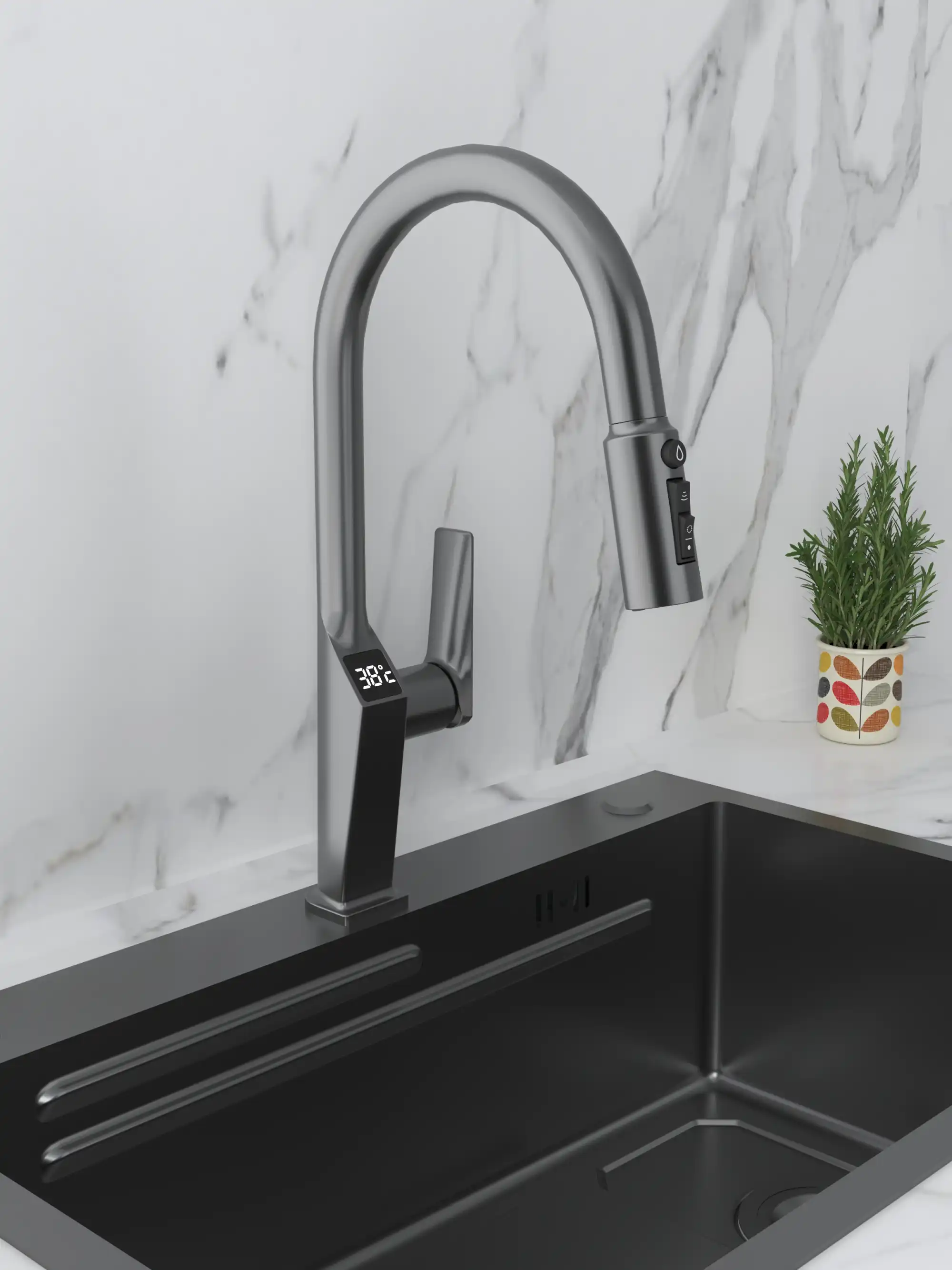 Backer TOR 3425PF Kitchen Faucet with Filtered Water Function, LED Temperature Display, Pull-Out Spray, 3 Flow Modes, Zinc Alloy, Gun Grey