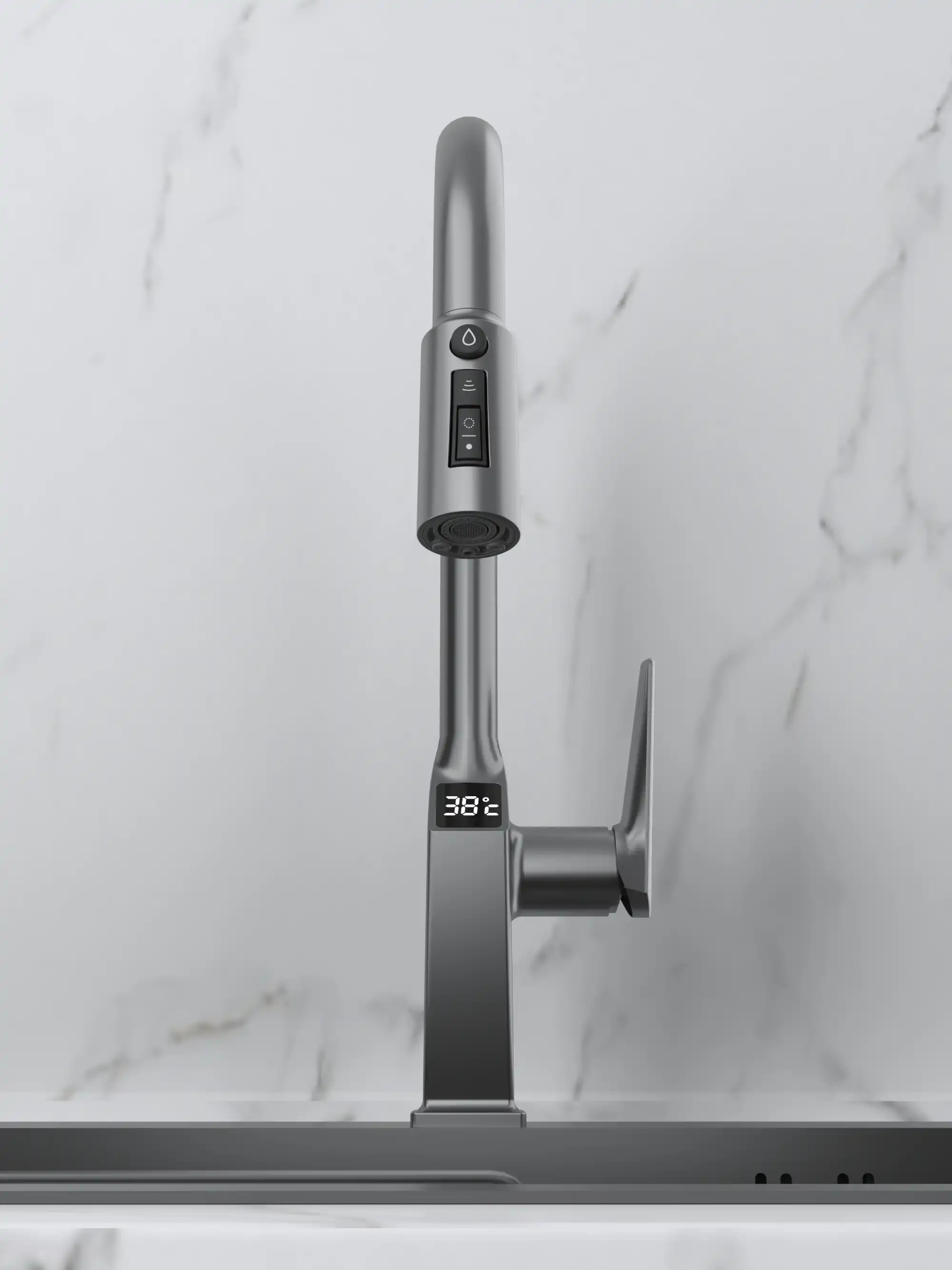 Backer TOR 3425PF Kitchen Faucet with Filtered Water Function, LED Temperature Display, Pull-Out Spray, 3 Flow Modes, Zinc Alloy, Gun Grey