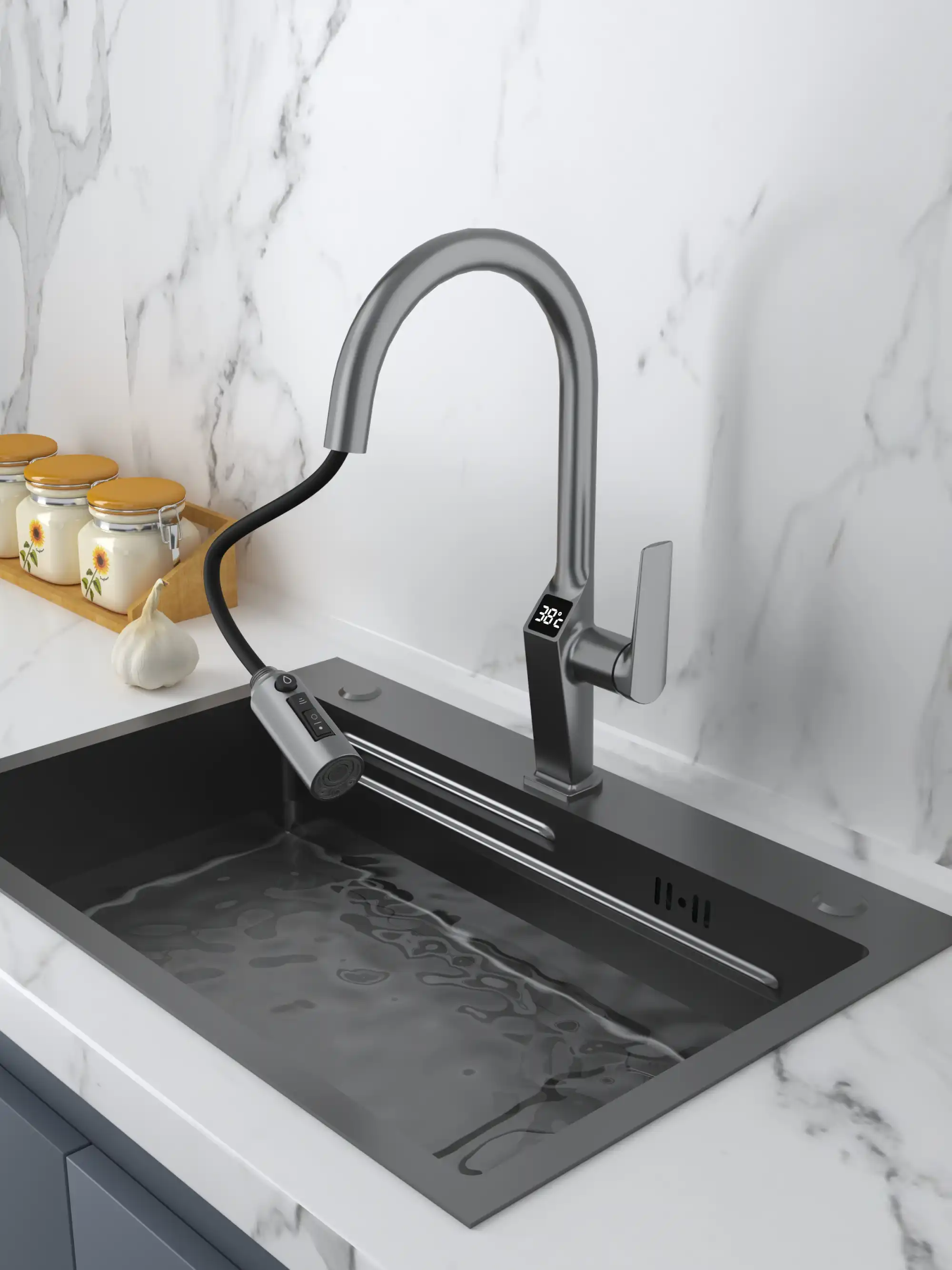 Backer TOR 3425PF Kitchen Faucet with Filtered Water Function, LED Temperature Display, Pull-Out Spray, 3 Flow Modes, Zinc Alloy, Gun Grey