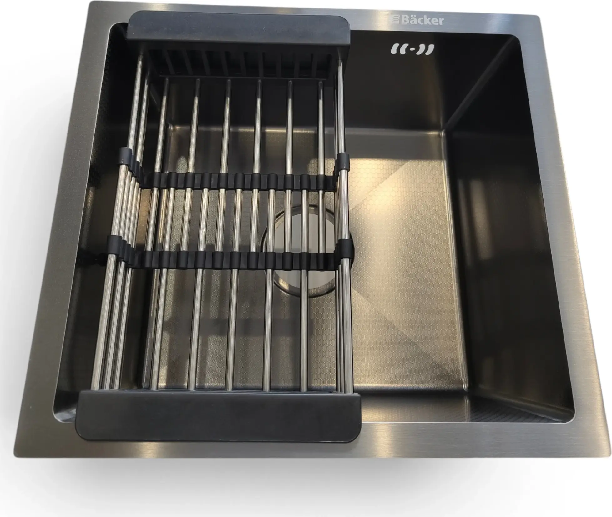 Chiuvetă de bucătărie Backer Trad 450-40029, Inox 304, Finisaj PVD Nano Black, Textură HoneyComb, 45x40x22 cm, Include Sifon și Coș