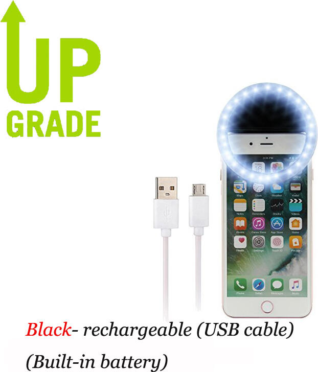 RK-12 Clip-on Selfie Ring Light, 36 LED USB Rechargeable, 3 Brightness Levels, 5600K Cool White, Anti-Slip Universal Clip for Phone/Tablet, 8.5cm ABS
