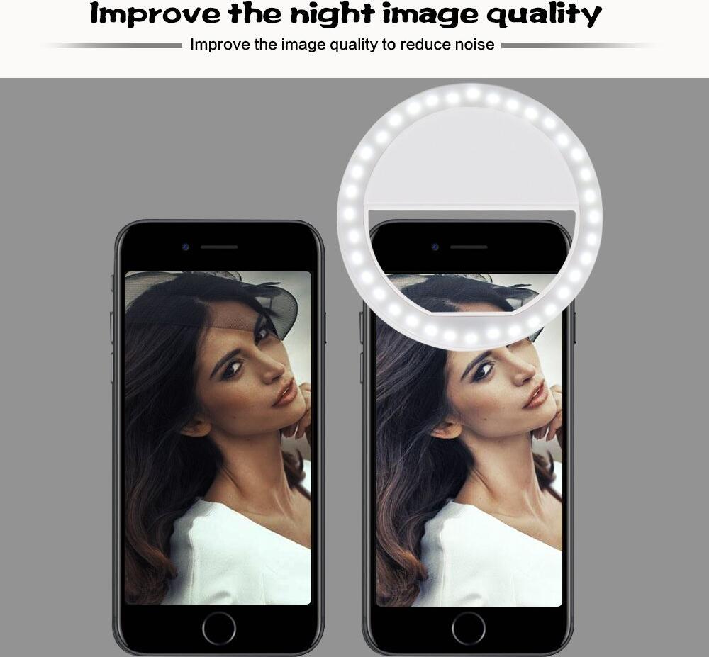 RK-12 Clip-on Selfie Ring Light, 36 LED USB Rechargeable, 3 Brightness Levels, 5600K Cool White, Anti-Slip Universal Clip for Phone/Tablet, 8.5cm ABS