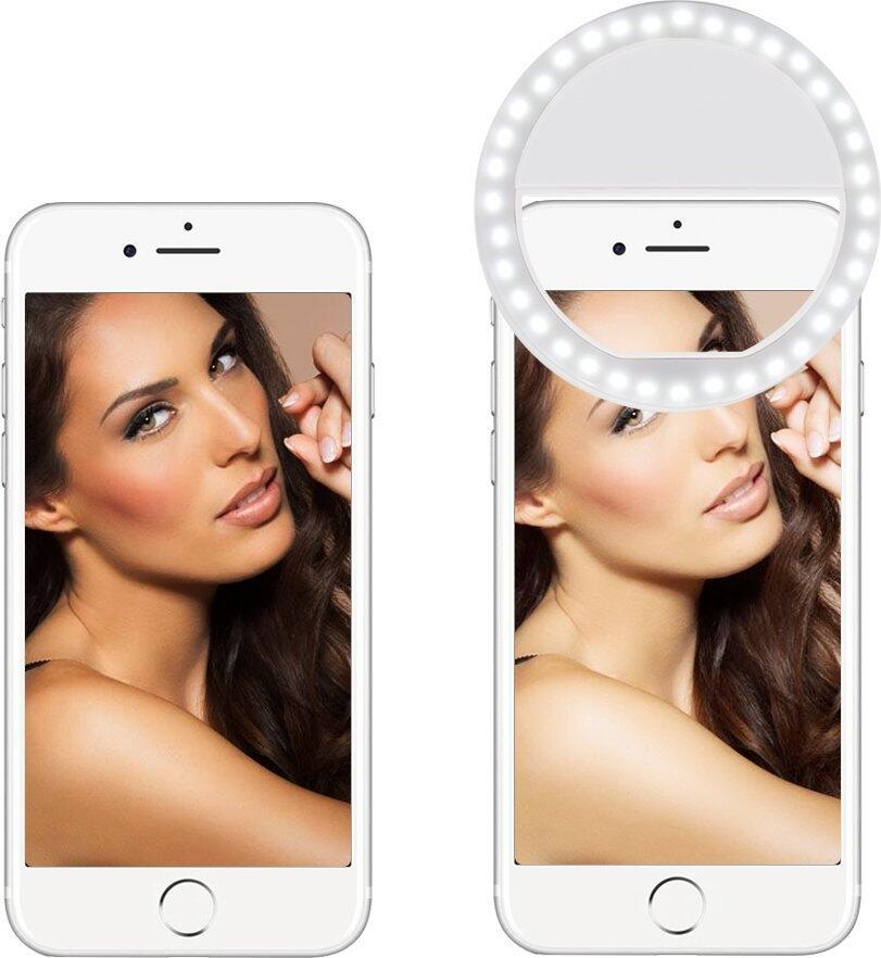 RK-12 Clip-on Selfie Ring Light, 36 LED USB Rechargeable, 3 Brightness Levels, 5600K Cool White, Anti-Slip Universal Clip for Phone/Tablet, 8.5cm ABS
