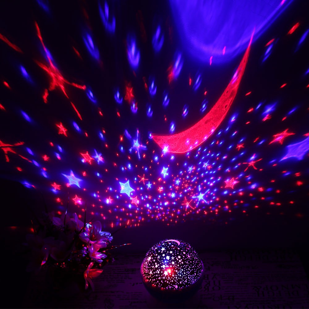 Star Master Pro Night Light Projector, 4 LED Moving Stars & Moon Lamp, 3 Modes RGB/Warm White, 360° Rotation, USB/AAA Battery Powered, Violet, 13x13x14.5cm
