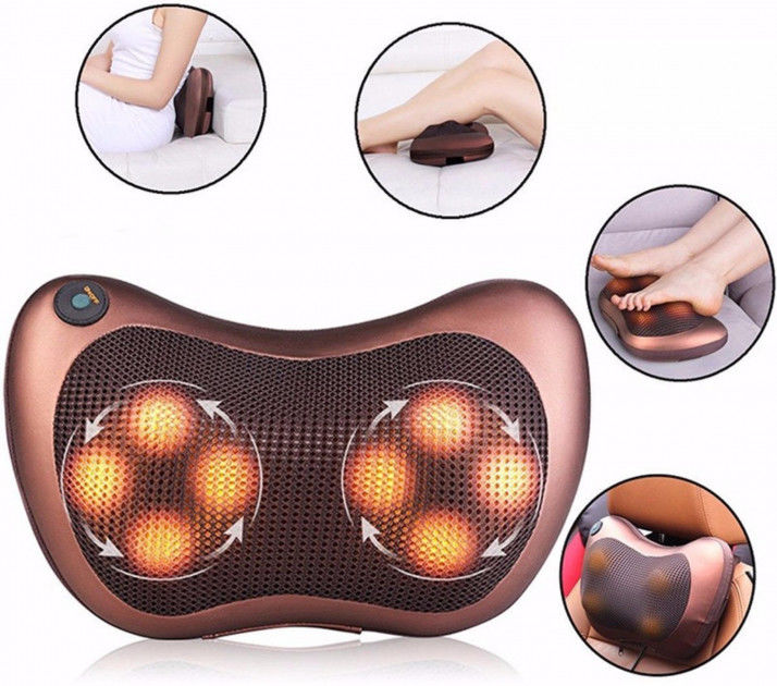 Massage Pillow 8028 Shiatsu Kneading Massager with Infrared Heating, 4/8 Nodes, Bi-directional Rotation, 20W, 30x18x12cm, Neck Back Waist Car Home Use