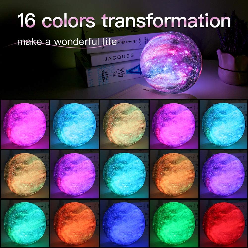 18cm 3D Moon Lamp Night Light - LED Touch Sensor, 16 Colors, 4 Modes, 400mAh Battery, USB Rechargeable, Realistic 3D Printed PVC Planet Surface