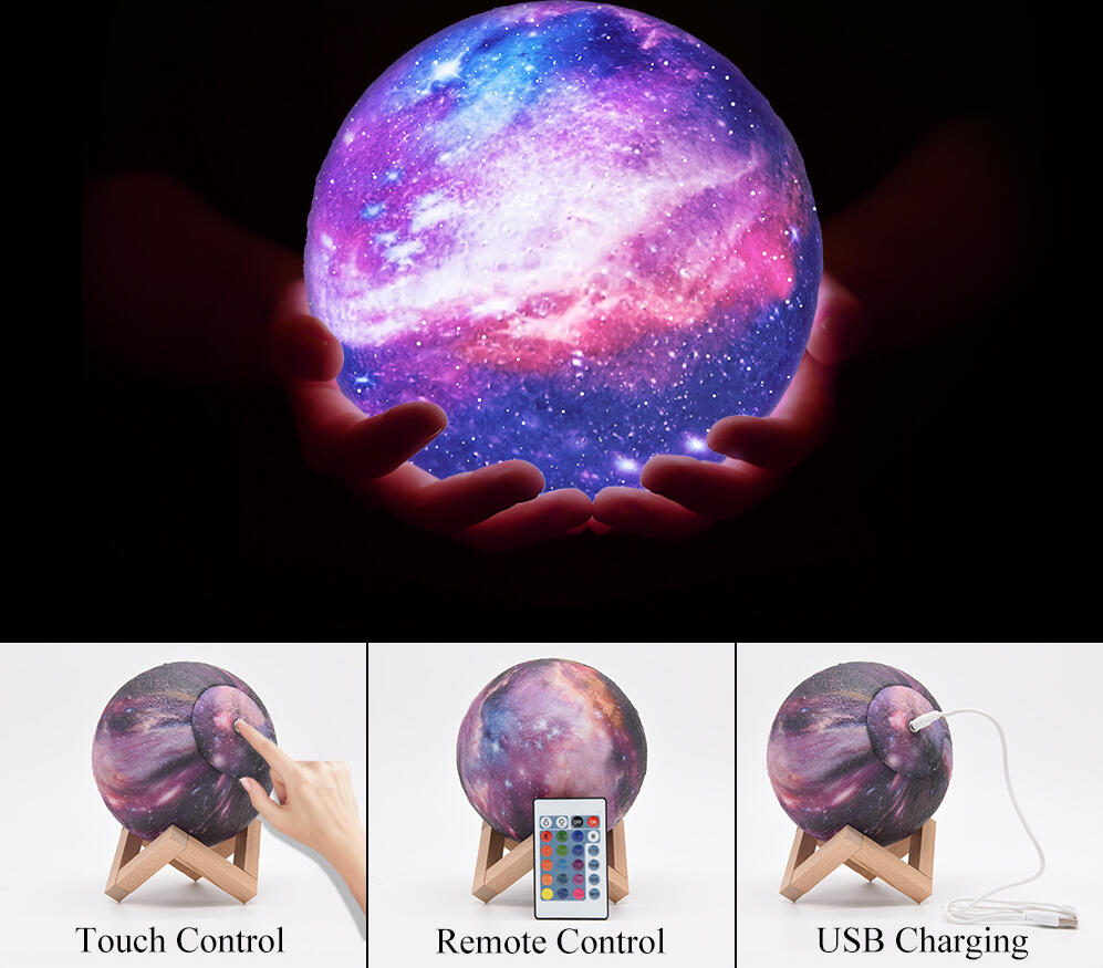 18cm 3D Moon Lamp Night Light - LED Touch Sensor, 16 Colors, 4 Modes, 400mAh Battery, USB Rechargeable, Realistic 3D Printed PVC Planet Surface