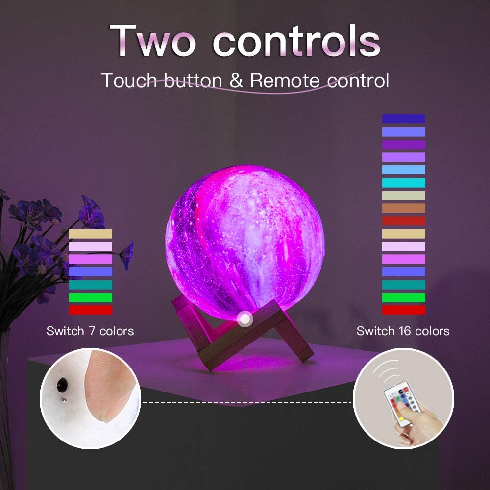 18cm 3D Moon Lamp Night Light - LED Touch Sensor, 16 Colors, 4 Modes, 400mAh Battery, USB Rechargeable, Realistic 3D Printed PVC Planet Surface