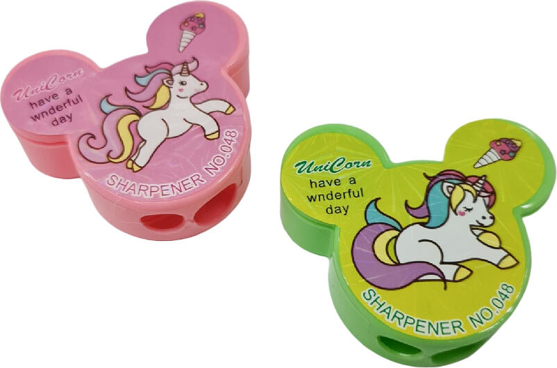 Ascuțitor de creioane PONY NO.048 cu rezervor pentru rumeguș, Culoare: Roz, design cu ilustrație Unicorn, accesorii școlare și de birou