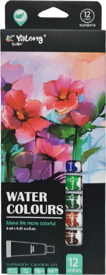 Yalong To Go! Water Colours Set, 12 Colors, 6ml Tubes in Cardboard Box, Model YL212217-6