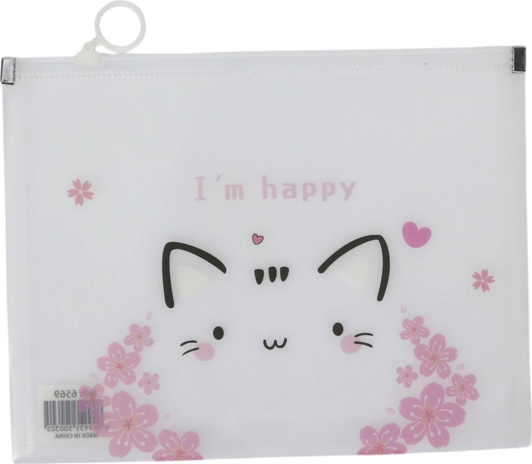 A5 Zip Folder, Translucent Polypropylene Plastic Document Organizer with Zipper Closure, Cute Cat and Pink Flowers "I'm happy" Design, Stationery