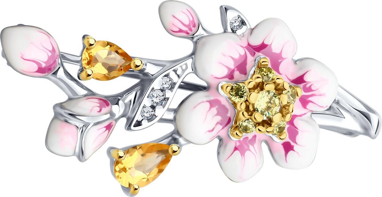SOKOLOV 92040118 Women's Jewelry, 925 Sterling Silver, Gold and Rhodium Plated, Pear-Shaped Citrine, Enamel and Cubic Zirconia, Yellow, 31x14x4 mm
