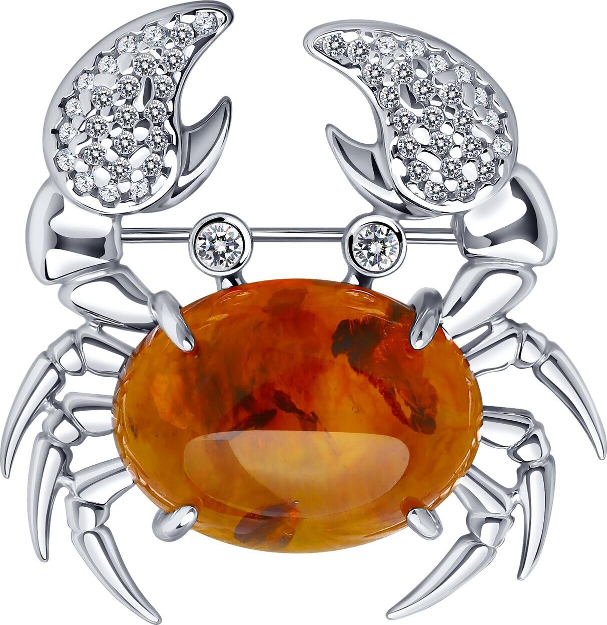 SOKOLOV 83040036 Women's Jewelry, 925 Rhodium-Plated Silver, Brown Pressed Amber Oval 16x12mm, Cubic Zirconia Accents
