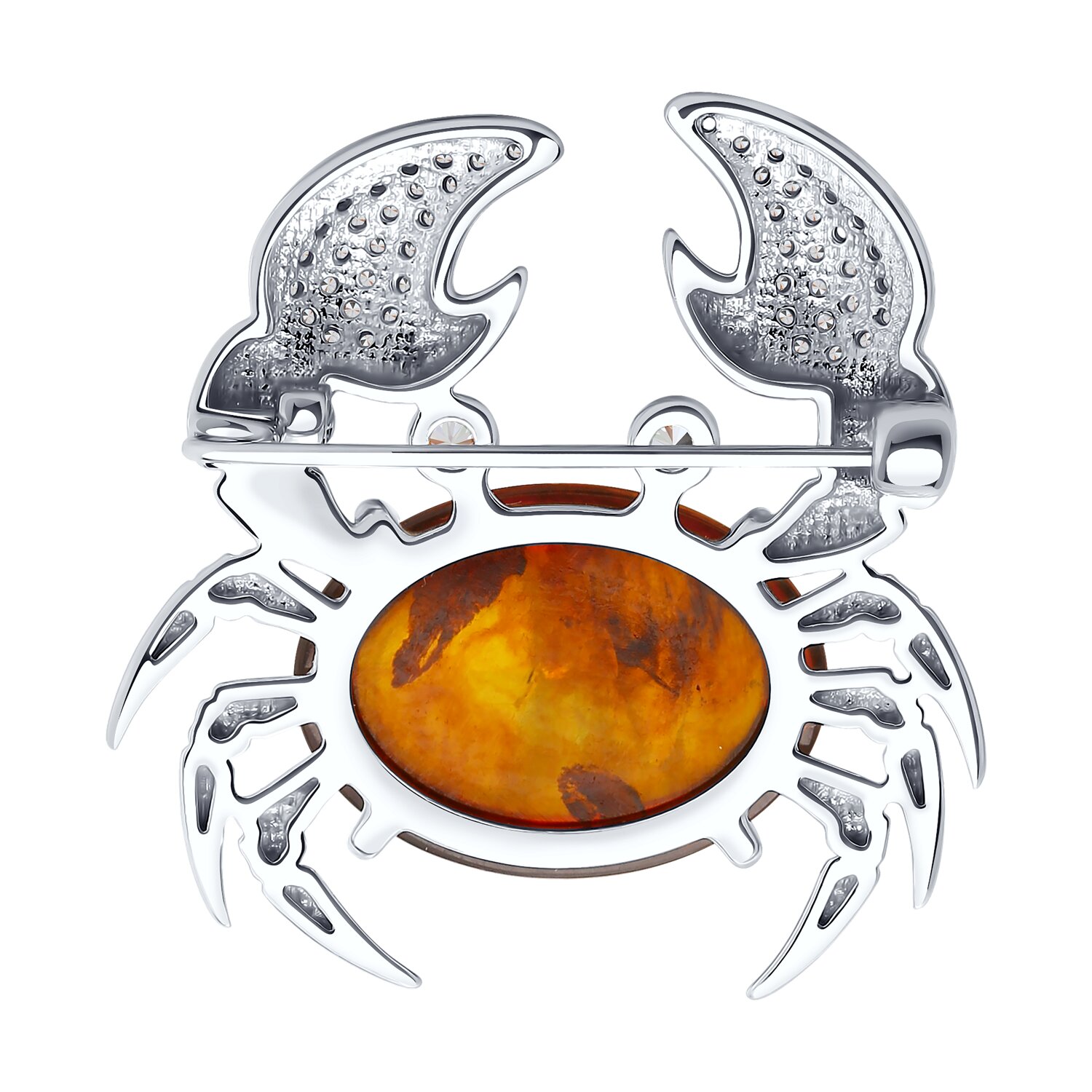 SOKOLOV 83040036 Women's Jewelry, 925 Rhodium-Plated Silver, Brown Pressed Amber Oval 16x12mm, Cubic Zirconia Accents