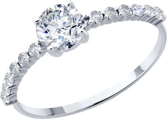 SOKOLOV 019599-3 Women's Ring, Size 16.5, 585 White Gold with Rhodium Plating, Round Colorless Cubic Zirconia Inserts (12 pcs, 0.348 ct), 1 mm Width