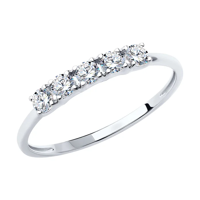 SOKOLOV 018863-3 Women's Ring, Size 17.5, 585 White Gold, Rhodium Plated, Round Colorless Cubic Zirconia, 0.612 ct, 5 Stones, 2.5 mm