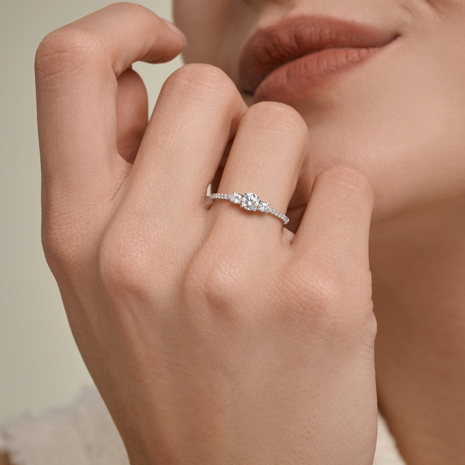 SOKOLOV 019892-3 Women's Ring, Size 19, 585 White Gold, 14 Round Colorless Cubic Zirconia Stones, 1 mm Width, 1.22 g