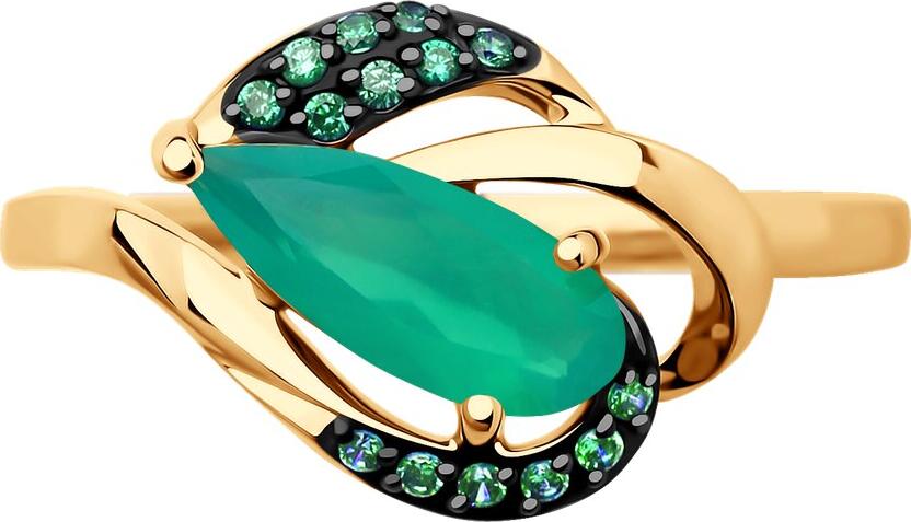 SOKOLOV 716688 Women's Ring, Size 19.5, 585 Red Gold with Rhodium Plating, Green Agate and Cubic Zirconia, 14 Round Stones 0.07 ct, 1.65 g, 10x3x13 mm