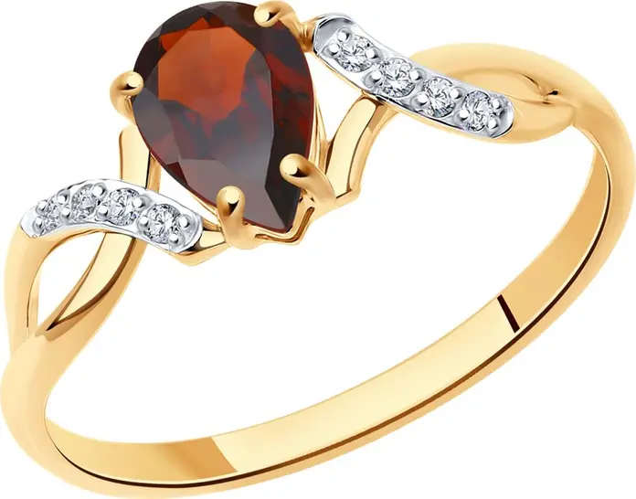 SOKOLOV 716750 Women's Ring, Size 18, 585 Red Gold, Garnet and Cubic Zirconia, Rhodium Plated, 1.53g, 2mm Width