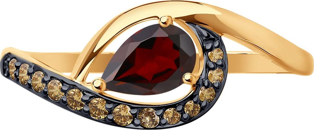 Кольцо Diamant женское 51-310-01703-2, размер кольца 17.5, красное золото 585, гранат и фианит, 0.136 ct, 1.34 g, родированное покрытие, круглые камни