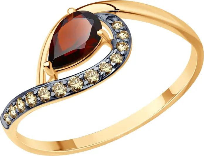 Кольцо Diamant женское 51-310-01703-2, размер кольца 17.5, красное золото 585, гранат и фианит, 0.136 ct, 1.34 g, родированное покрытие, круглые камни