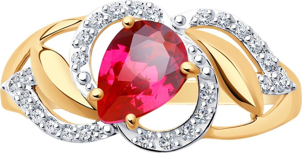 SOKOLOV 715271 Women's Jewelry, Ring Size: 18, 585 Red Gold with Rhodium Plating, Synthetic Red Corundum and Colorless Cubic Zirconia, 0.162 ct, 1.9 g