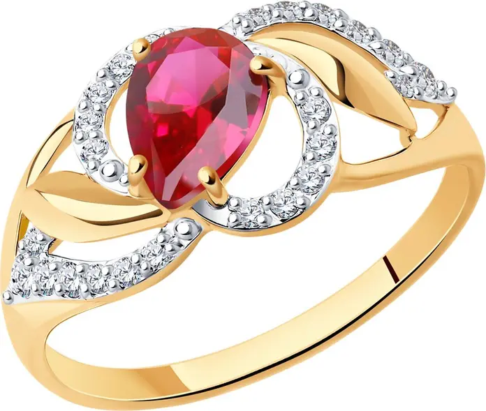 SOKOLOV 715271 Women's Jewelry, Ring Size 18.5, 585 Red Gold with Rhodium Plating, Synthetic Red Corundum and Colorless Cubic Zirconia, 0.162 ct, 1.9 g