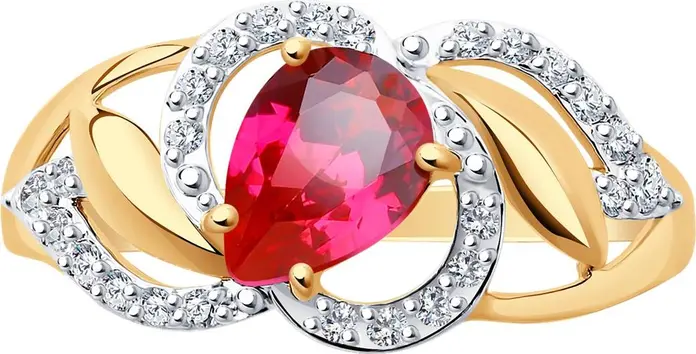 SOKOLOV 715271 Women's Jewelry, Ring Size 18.5, 585 Red Gold with Rhodium Plating, Synthetic Red Corundum and Colorless Cubic Zirconia, 0.162 ct, 1.9 g