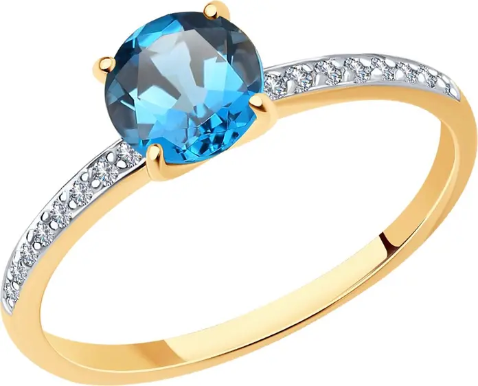 SOKOLOV 716743 Women's Ring, Size 17, 585 Red Gold, London Topaz and Cubic Zirconia, Round Cut Stones, Rhodium Coating, 1.6g, 6x5x6 mm