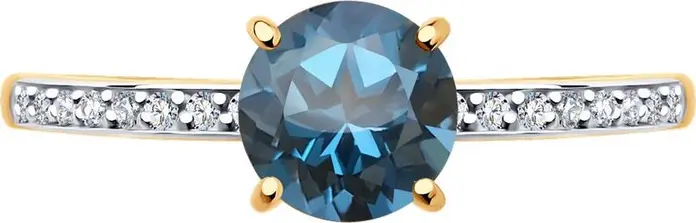 SOKOLOV 716743 Women's Ring, Size 18, 585 Red Gold, London Topaz and Cubic Zirconia, Round Cut Stones, Rhodium Coating, 1.6g, 6x5x6 mm