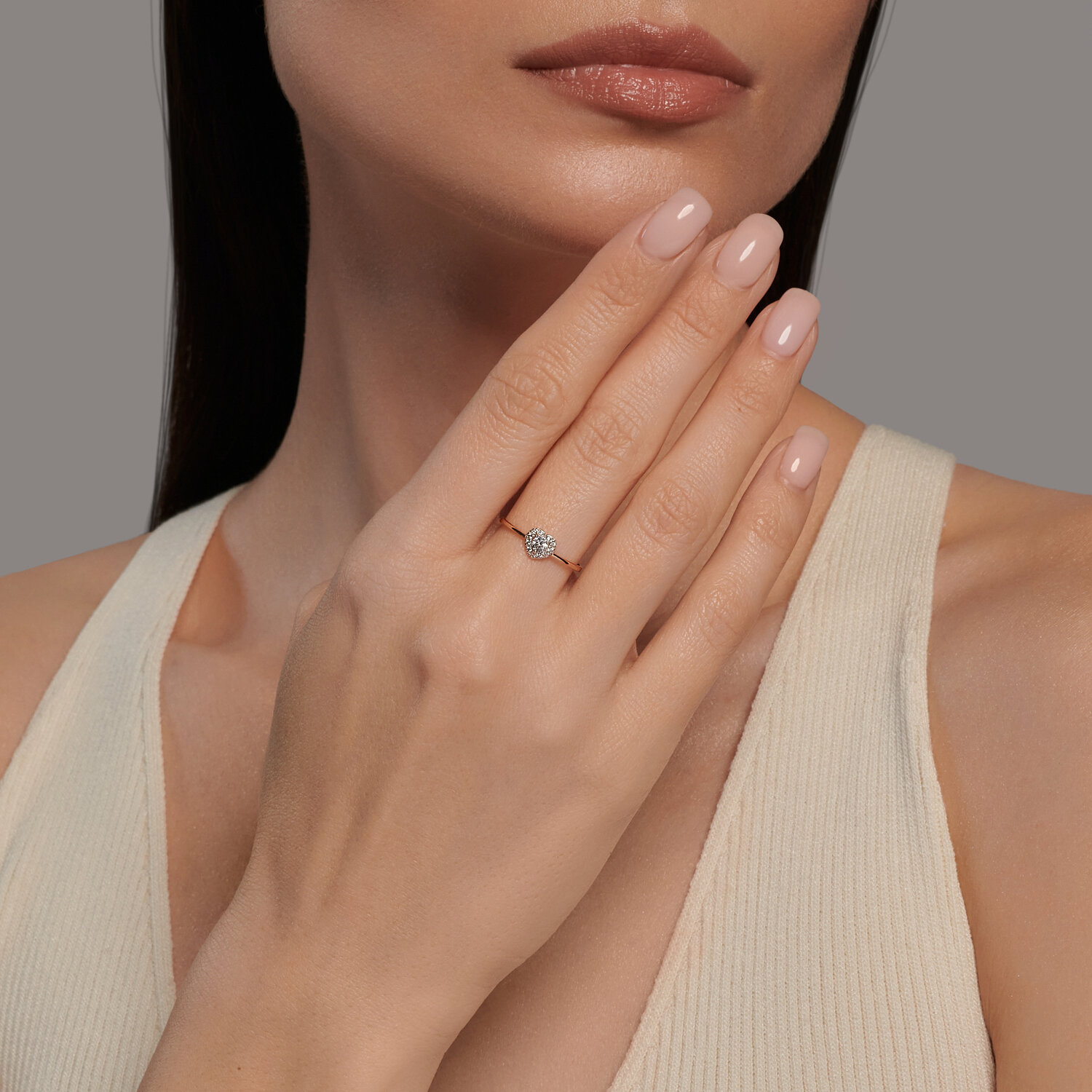 SOKOLOV 018982 Women's Ring, Size 17, 585 Red Gold with Rhodium Coating, Round Colorless Cubic Zirconia, Heart-shaped Halo Setting, Classic Everyday Style
