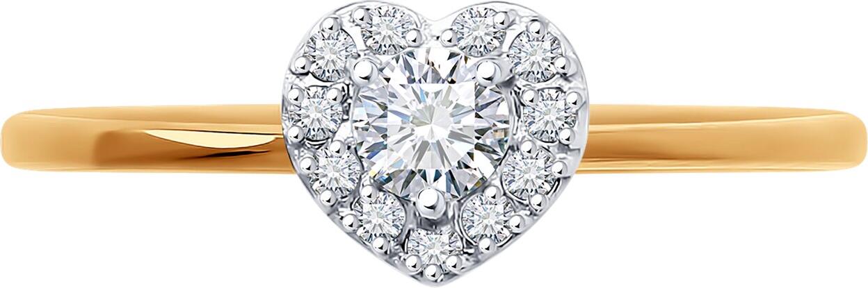 SOKOLOV 018982 Women's Ring, Size 17, 585 Red Gold with Rhodium Coating, Round Colorless Cubic Zirconia, Heart-shaped Halo Setting, Classic Everyday Style