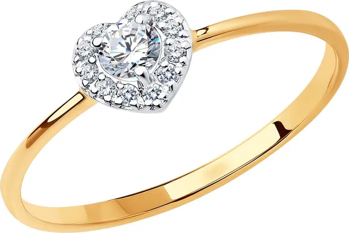 SOKOLOV 018982 Women's Ring, Size 17.5, 585 Red Gold with Rhodium Coating, Round Colorless Cubic Zirconia, Heart-shaped Halo Setting, Classic Everyday Style