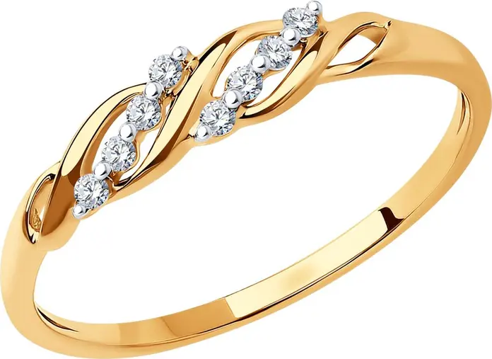 SOKOLOV 018970 Women's Ring, Size 18, 585 Red Gold, Colorless Round Cubic Zirconia 0.132 ct, Rhodium Plated, 1.02 g