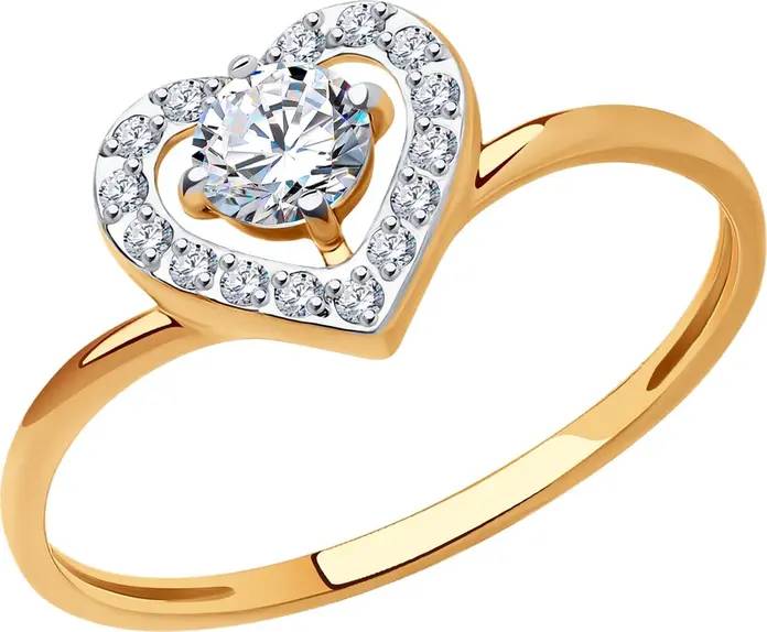 SOKOLOV 019016 Women's Heart-Shaped Halo Ring, Size 17.5, 585 Red Gold with Rhodium Coating, Colorless Cubic Zirconia 0.128 ct, 4mm Main Stone